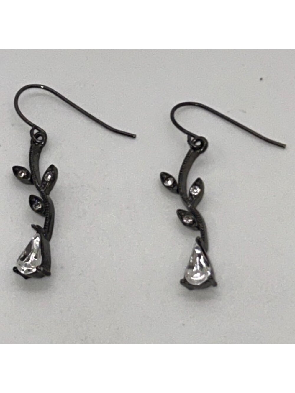 Gunmetal Vine Branch Leaf Earrings With Teardrop Clear Acrylic Stone Dangle Drop